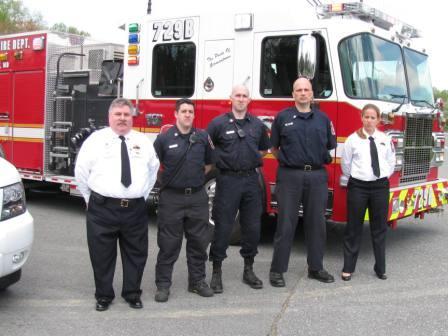 Chief Joseph Chornock and the crew of Engine 729B: FF Mitch Dinowitz, FF Rob King, FF Arthur Rabeau, & Chaplain - EMT Solveig Petersen stand ready to receive the funeral procession for the Line of Duty Death of MCPD Sergeant Hector Ayala.
<br><br>
End of Watch - 4 April 2010